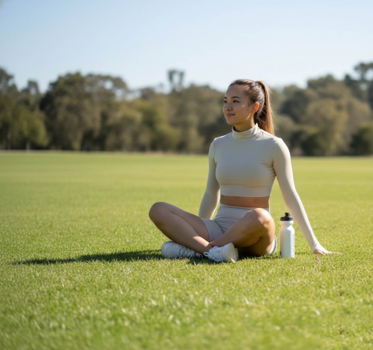 Activewear outdoor reset — seated on grass