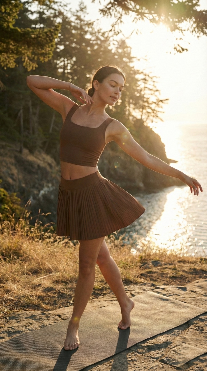 Activewear golden-hour movement — cliffside